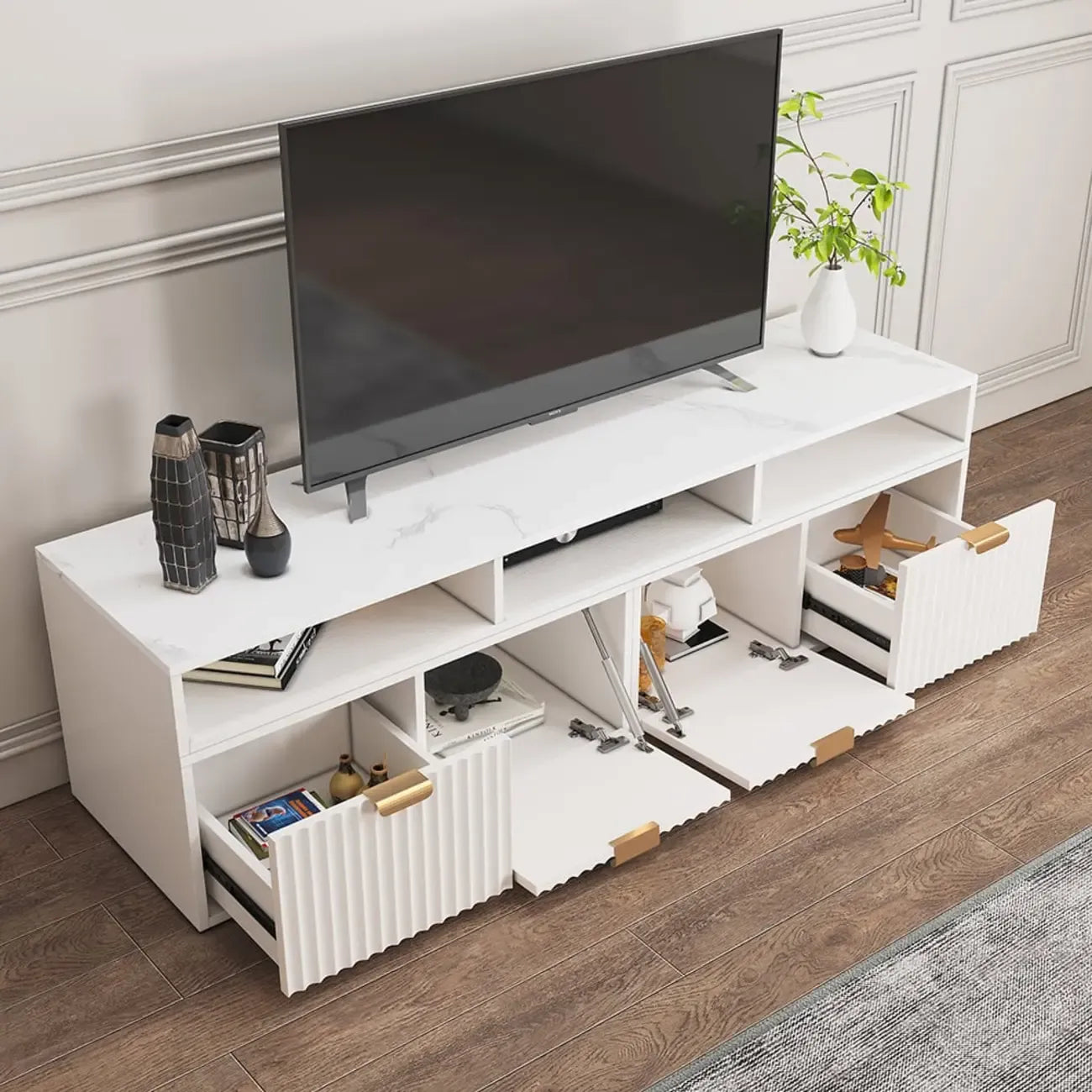 Modern White 2-Drawer Open Storage Corner TV Stand