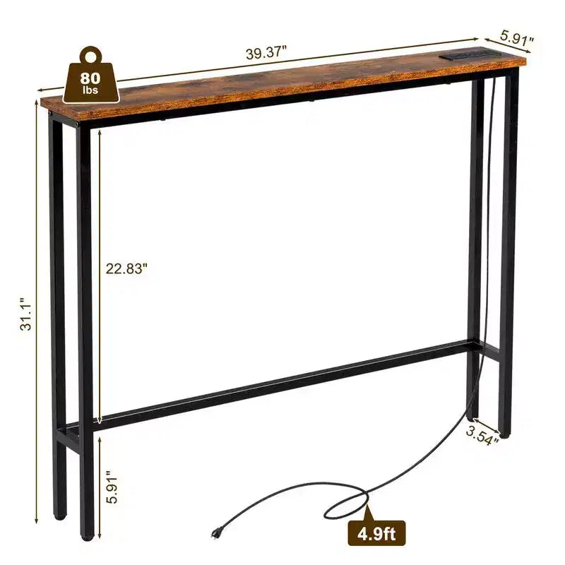 Rust Brown 1pcs Triamine Iron 100*15*79cm Entryway Table with Plugs