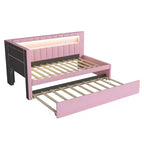 Twin/Full Daybed with Trundle and L-Shaped Bookshelf Headboard, Linen Upholstered Soft Corner Bed with Storage Shelves and LED Belt