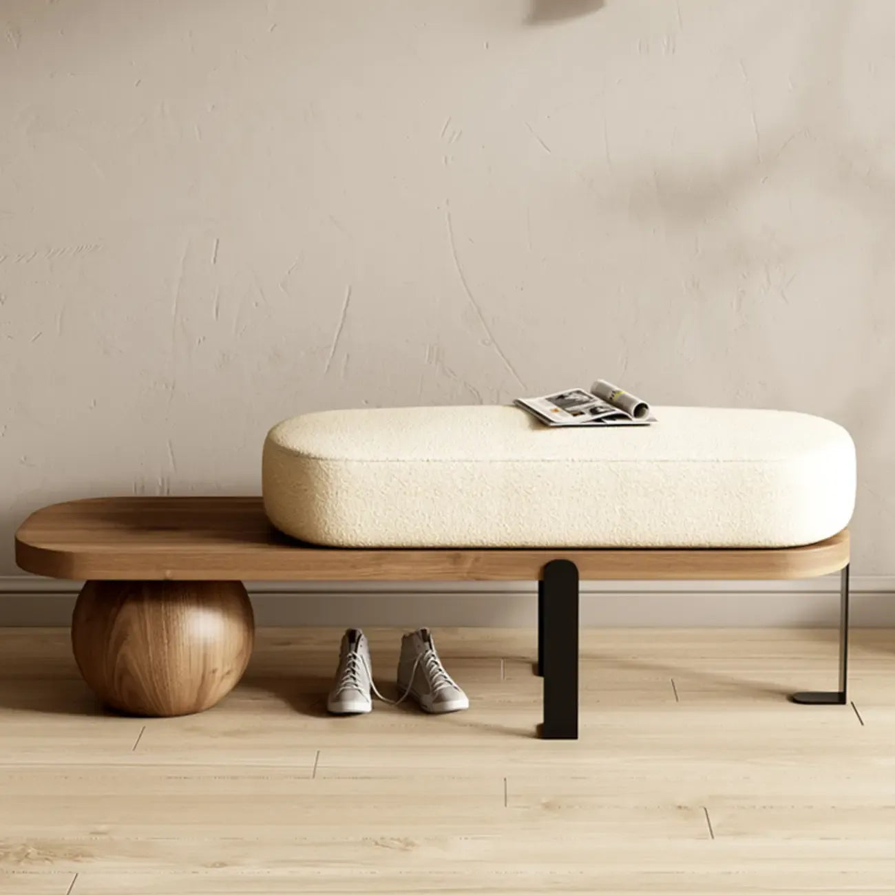 Banc court rembourré en bois beige moderne