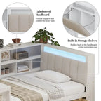 Divano Letto a "L" in Legno con Scrivania, Mobile Libreria, Letto Angolare con Cassetti Sottostanti, Testiera Imbottita con Luce Integrata