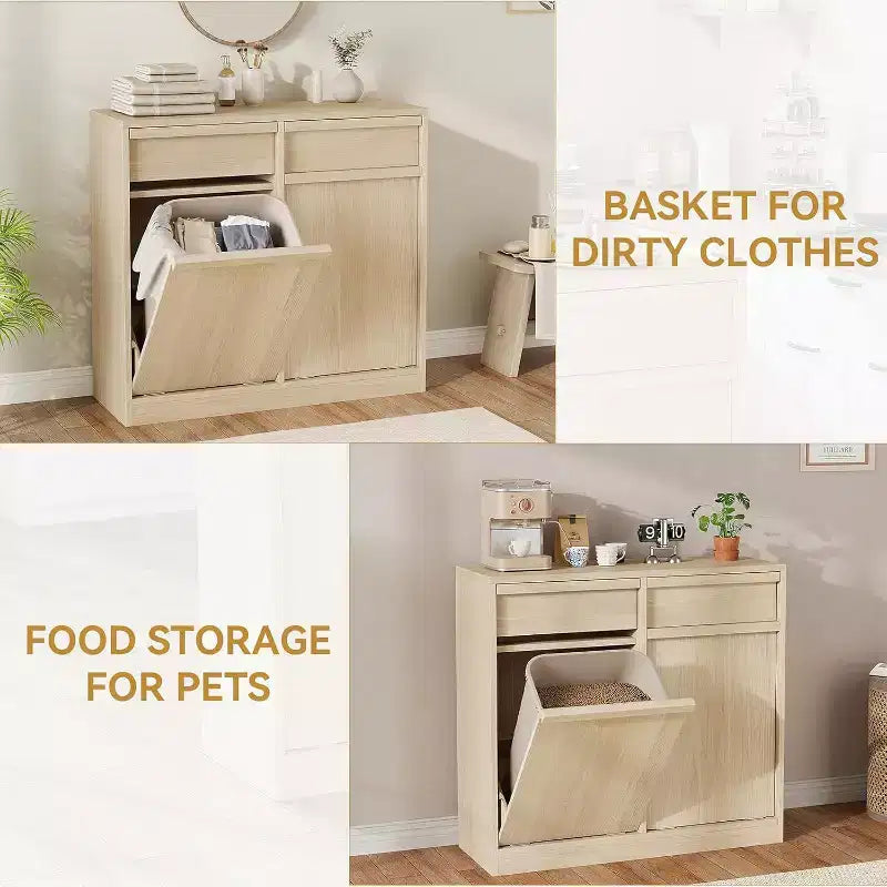 Tiltable Trash Can, Natural Oak, Trash Can with Storage and Drawer, Hidden Trash Cabinet, Laundry Basket for Kitchen, Dining Room, Living Room