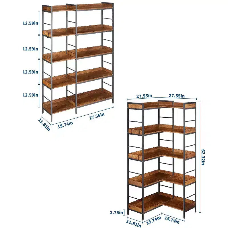5-Tier L-Shape Corner Bookshelf  65 Industrial Wood & Metal Bookcase (Rustic Brown)  Reversible Storage for Living Room, Bedroom & Home Office
