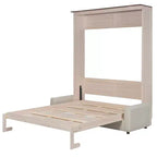 Queen Size Murphy Bed with Sofa, Wooden Queen Cabinet Bed Wall Bed with LED Light, Folding Wall Chest Bed with for Guest Room, Beige