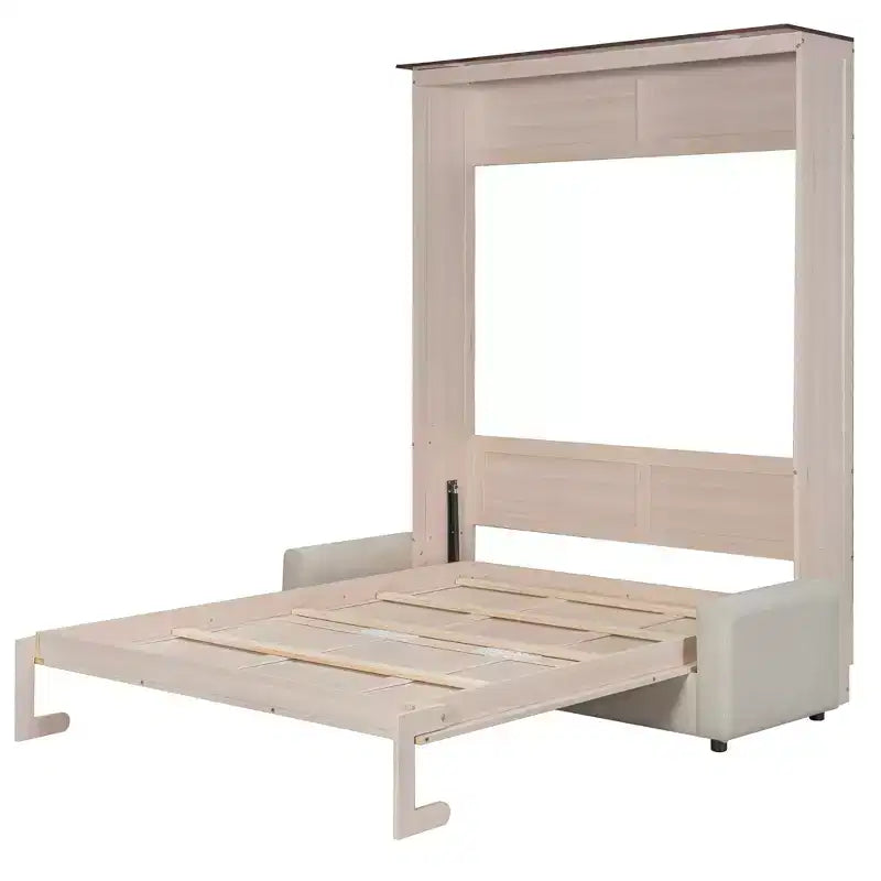 Queen Size Murphy Bed with Sofa, Wooden Queen Cabinet Bed Wall Bed with LED Light, Folding Wall Chest Bed with for Guest Room, Beige