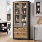 Farmhouse Kitchen Pantry Cabinet with Glass Doors, 72in Storage Cupboard with Drawers and Adjustable Shelves for Dining Room Bathroom Living Room