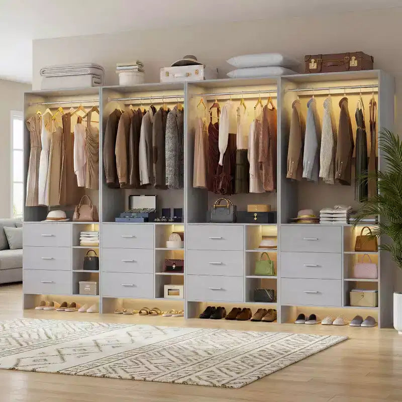 Besiost Set of 4 Closet Organizer with Wooden Drawers and Hanging Rods