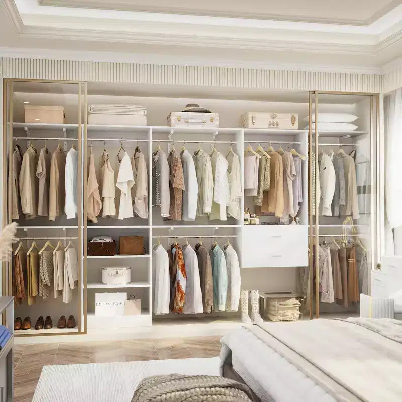 Freestanding Closet System with 8 Hannging Rods and Drawers, Hanging Closet Organizer with 10 Shelves