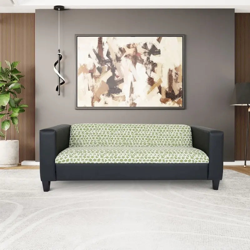 Mid Century Modern 3 Seater Sofa Faux Leather Solid Wood Frame Upholstered