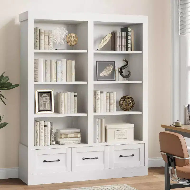 64 H Bookshelves and Bookcases, Bookshelf with 3 Storage Drawers4 Tier Double Wide Open Shelffor Office Living Room