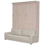 Queen Size Murphy Bed with Sofa, Wooden Queen Cabinet Bed Wall Bed with LED Light, Folding Wall Chest Bed with for Guest Room, Beige