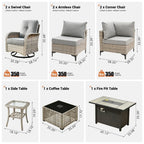 OVIOS 9 Pieces Outdoor Wicker Swivel Chair Set With Fire Table