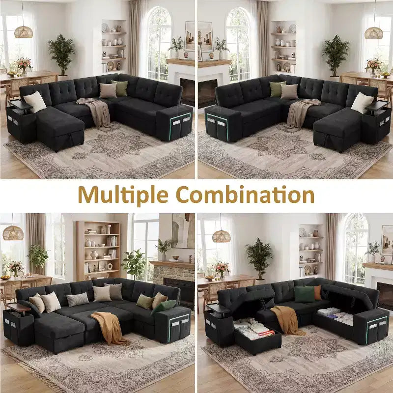 Dyonery 112 Modular Sectional Sleeper Sofa with Pull Out Bed,U-Shaped Sectional Couch with Storage,Extra Wide & Deep Seat Couches for Living Room