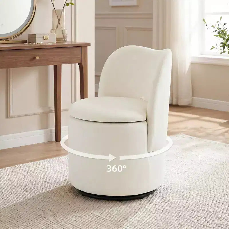 Swivel Vanity Chair with Storage, Upholstered Round Makeup Stool with Back, Soft Padded Barrel Accent Armchair for Bedroom & Living Room
