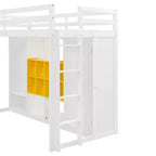 Kids Loft Bed with Wardrobe and Shelves, Wooden Loft Bed Frame with Storage Cabinet for Kids Teens