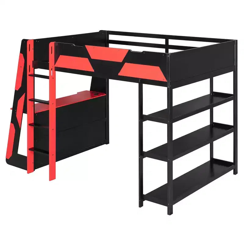 Luxystar Full Gaming Loft Bed with Desk, Storrage Shelves and Lights