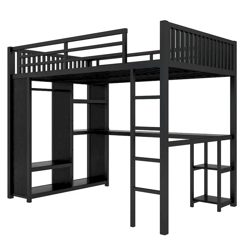 Full XL Size Loft Bed Frame with Built-in Wardrobe