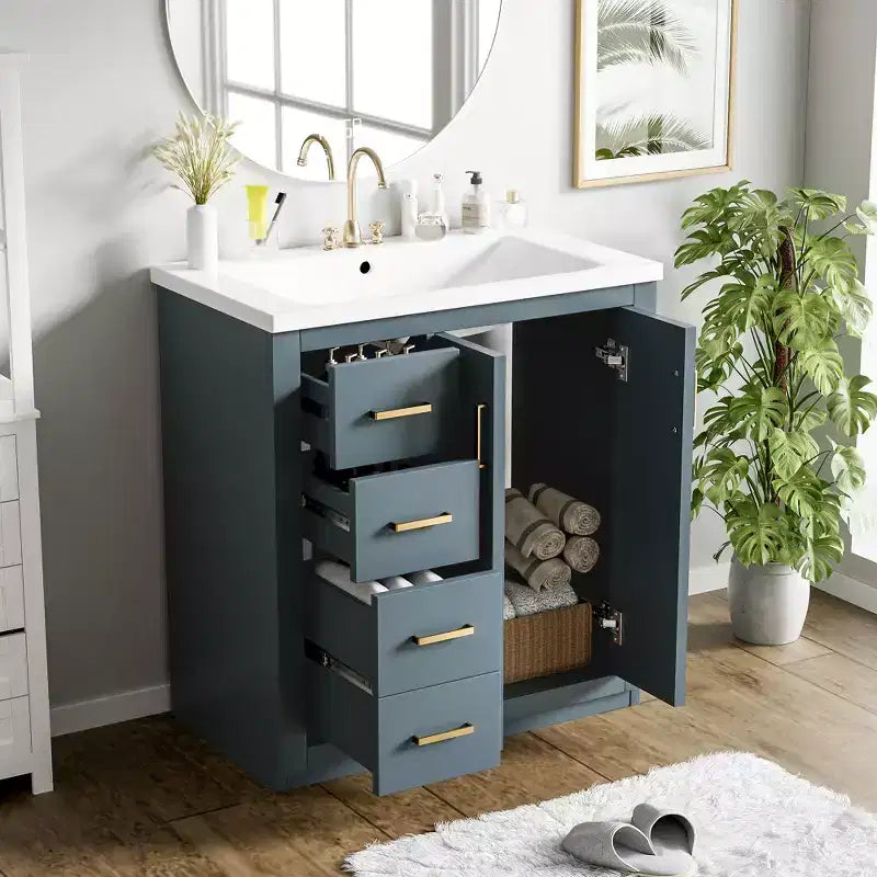 30 Single Sink Bathroom Vanity with Cabinet & 3 Drawers – Black / Blue / Green / Indigo / White