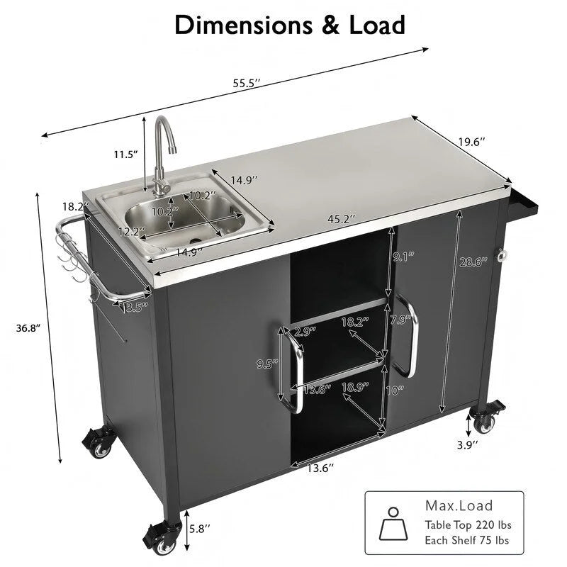 Outdoor Kitchen Island with Sink, Outdoor Bar Cart Sink Station with 4 Lockable Wheels