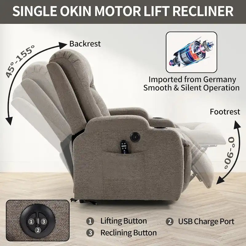 Power Lift Recliner Chair, Modern Single Motor Massage Sofa Chair with Lumbar Heating, USB Charging Port, Cup Holders