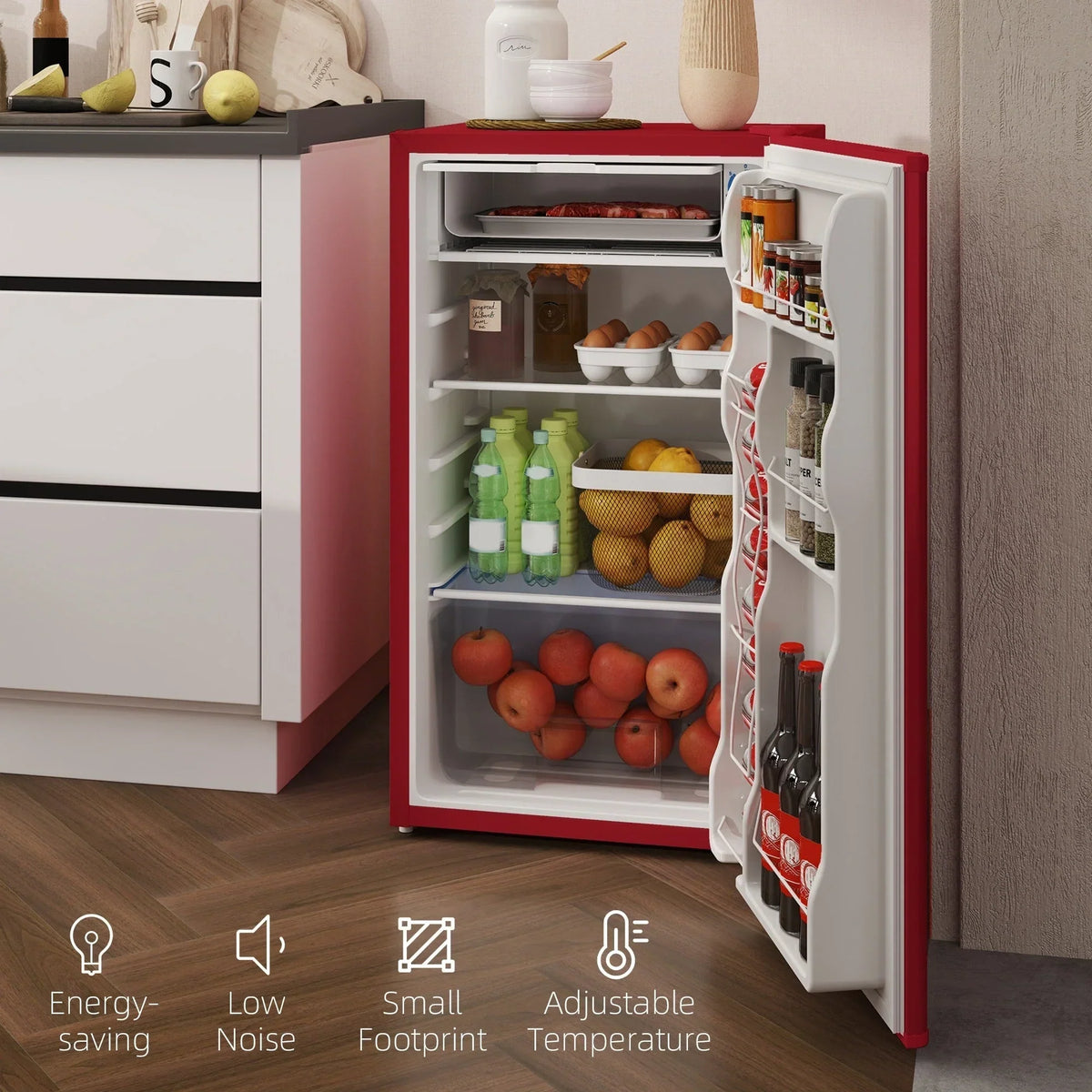 3.2 Cu.Ft Mini Fridge with Freezer, Single Door Compact Refrigerator with Adjustable Thermostat for Bedroom