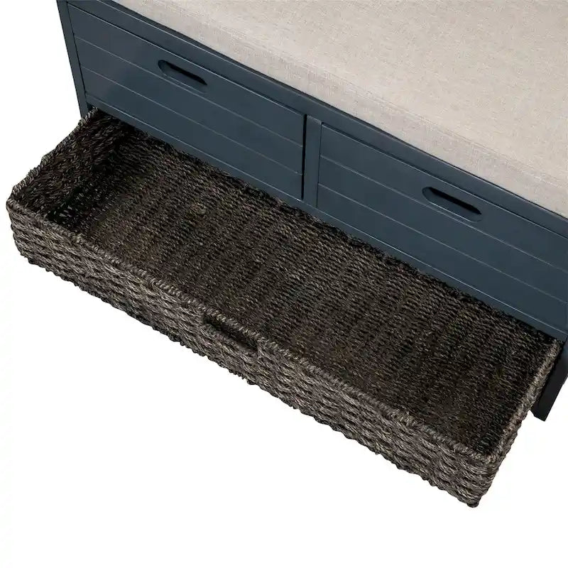 Wood Storage Bench with 2 Woven Baskets