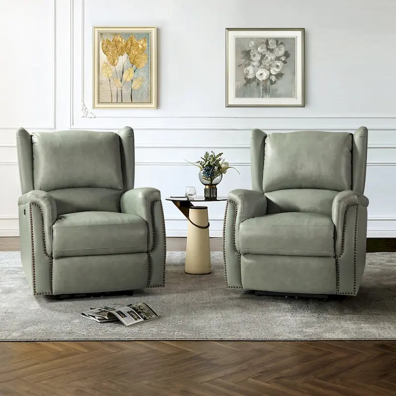 Genuine Leather Power Recliner with USB Port – Wingback Nailhead Set of 2