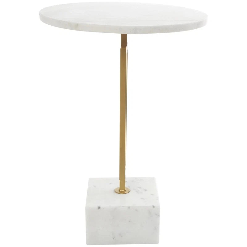 Marble Geometric Side End Accent Table with Gold Metal Rectangular Stand - White