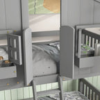 Twin over Twin House Bunk Bed with Roof , Window, Window Box, Door , with Safety Guardrails and Ladder, Grey