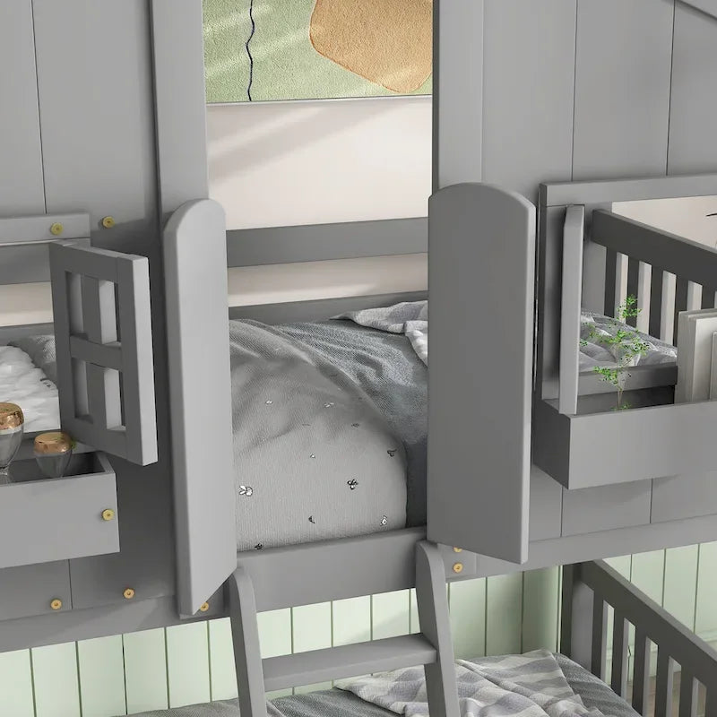 Twin over Twin House Bunk Bed with Roof , Window, Window Box, Door , with Safety Guardrails and Ladder, Grey