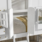 Twin over Twin House Bunk Bed with Roof , Window, Window Box, Door , with Safety Guardrails and Ladder, Grey