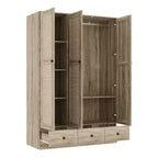 Famapy Rattan Wardrobe with 3 Drawers,3 Breathable Rattan Doors Closet,Farmhouse Style Tall Storage Armoire for Bedroom