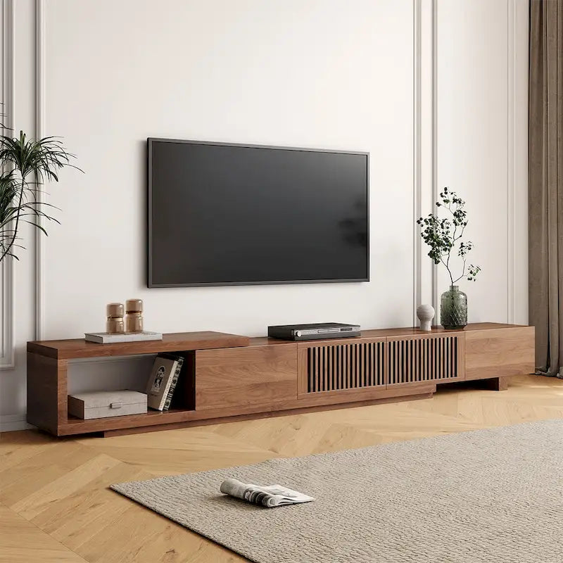 Mobile TV moderno allungabile e retrattile con 4 cassetti, fino a 261 cm - 78,54P x 15,74L x 13,78A