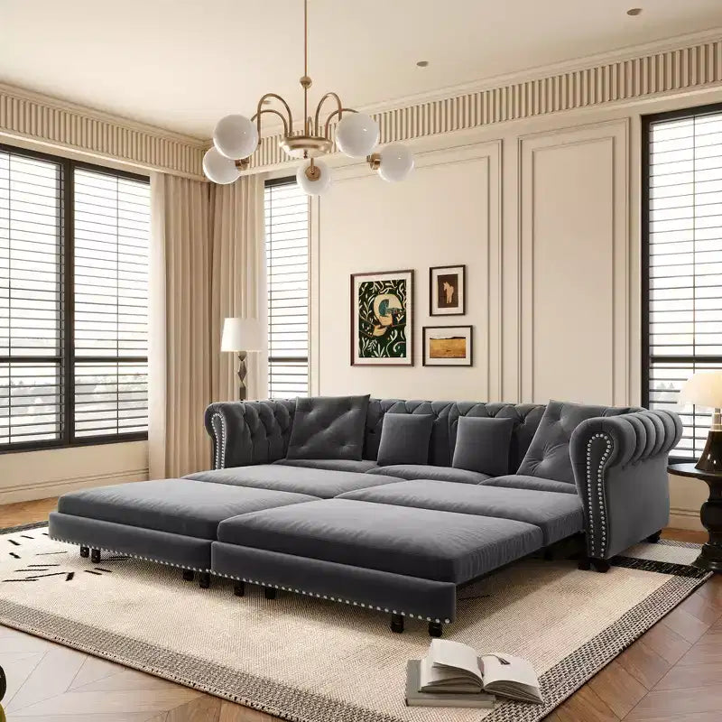 Whisen Velvet 3-in-1 King Size Pull-Out Sofa Bed & Convertible Sleeper Sofa with Movable Ottoman, Tufted Design