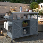 Îlot de cuisine extérieur, chariot de bar roulant et meuble de rangement, table de grillade en bois massif avec plateau en acier inoxydable, porte-épices, porte-serviettes