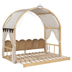 Solid Wood Playhouse Platform Bed Floor Montessori Bed Frame with Arched Roof and Trundle for Girls and Boys