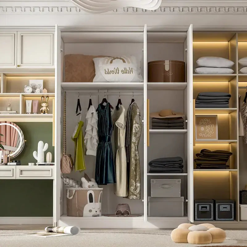Wardrobe Armoire Wooden Closet Cabinet 6 Storage Cube and Hanging Rod