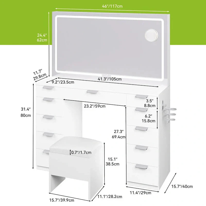 Moasis 46 Vanity With Built-in Socket With Illuminated Mirror and Hair Dryer Rack - 55.8  H X 46  W X 11.7  D