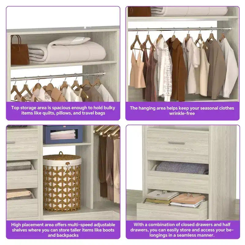 Besiost Set of 3 Corner Closet System with Tower Shelves and Drawers, Freestanding Closet Organizer with Hanging Rods