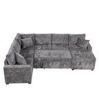 Chenille Sectional Sofa Pull-out Sofa Bed, L-Shape Sleeper Sofa with Storage Ottoman, 3 Pillows and Charging Devices
