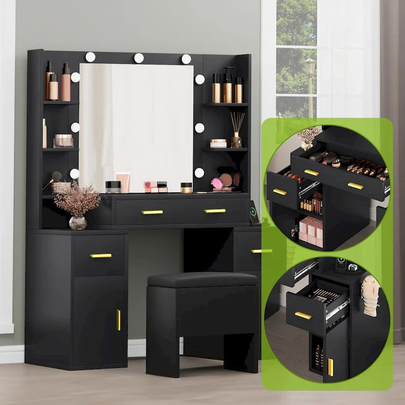 Vanity with Built-In Outlets and Lighted Mirror, 55.1H x 43.3L x 15.74W