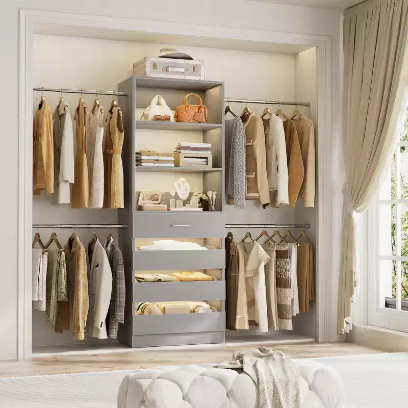 Besiost 4-9 Ft Wooden Closet Organizer System with 4 Drawers, 4 Hanging Rods & Shelving Towers