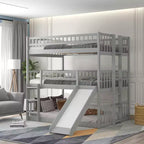 Full Over Full Triple Bunk Bed with Convertible Ladder and Slide, Triple Bed with Guardrails, White/Gray/Espresso - ModernLuxe