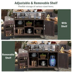 Îlot de cuisine extérieur, chariot de bar roulant et meuble de rangement, table de grillade en bois massif avec plateau en acier inoxydable, porte-épices, porte-serviettes