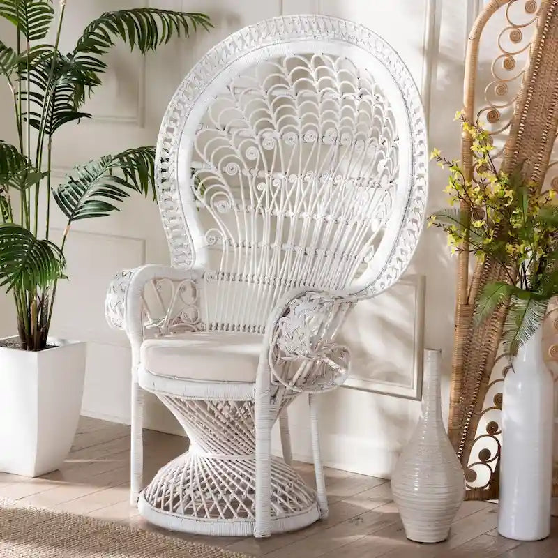 Modern Bohemian White Natural Rattan Peacock Chair