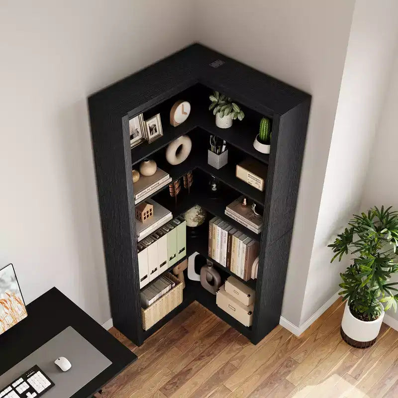Black/White/Wood/Retro, L-Shaped Corner Bookshelf, 5-Tier, Single