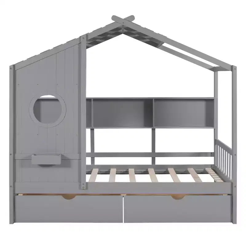 Twin/Full Size Wooden House Bed with 2 Drawers, Kids Bed with Storage Shelf - ModernLuxe