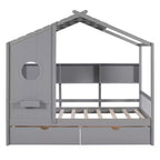 Twin/Full Size Wooden House Bed with 2 Drawers, Kids Bed with Storage Shelf - ModernLuxe