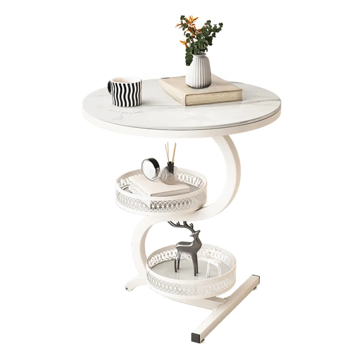 White Stone 3-Tier S-Shaped Sofa Side Table with Storage