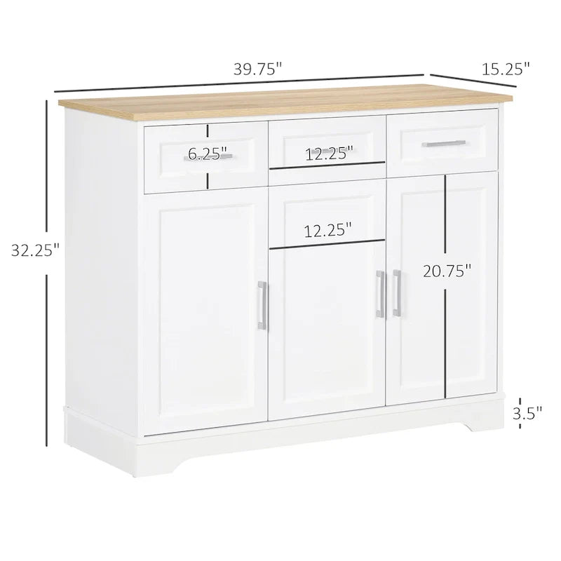 White Kitchen Sideboard Cabinet with 3 Drawers and Adjustable Shelf